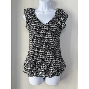 Vintage Y2K Babydoll Crinkle Top Women’s‎ S Black White Ruffle Geometric Stretch